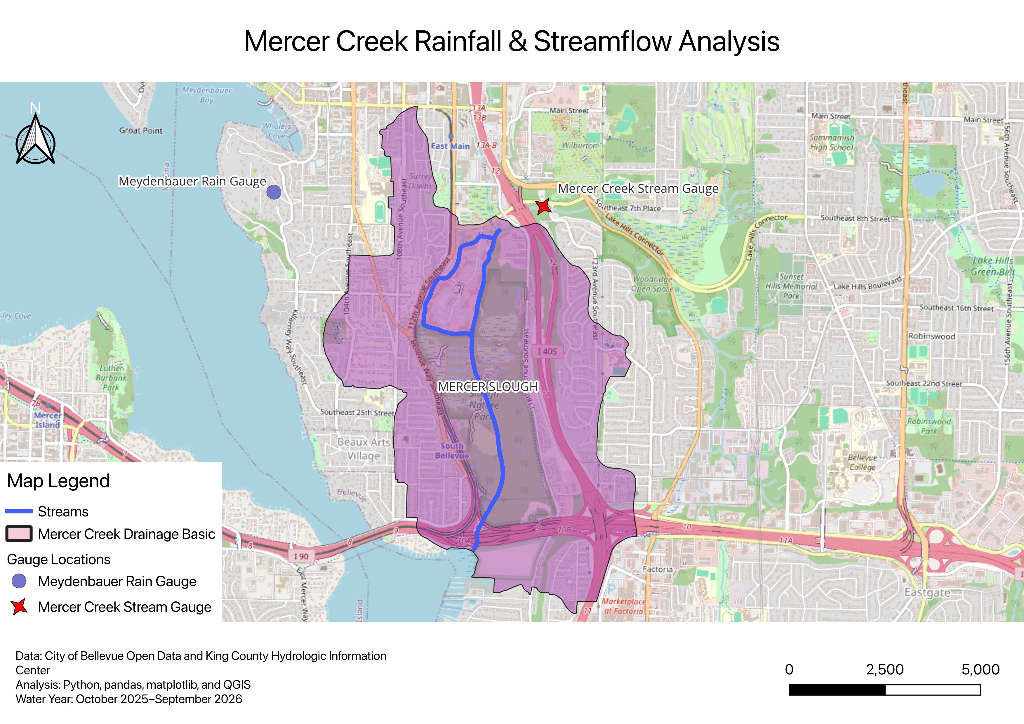 Mercer Creek rainfall and streamflow analysis map in QGIS